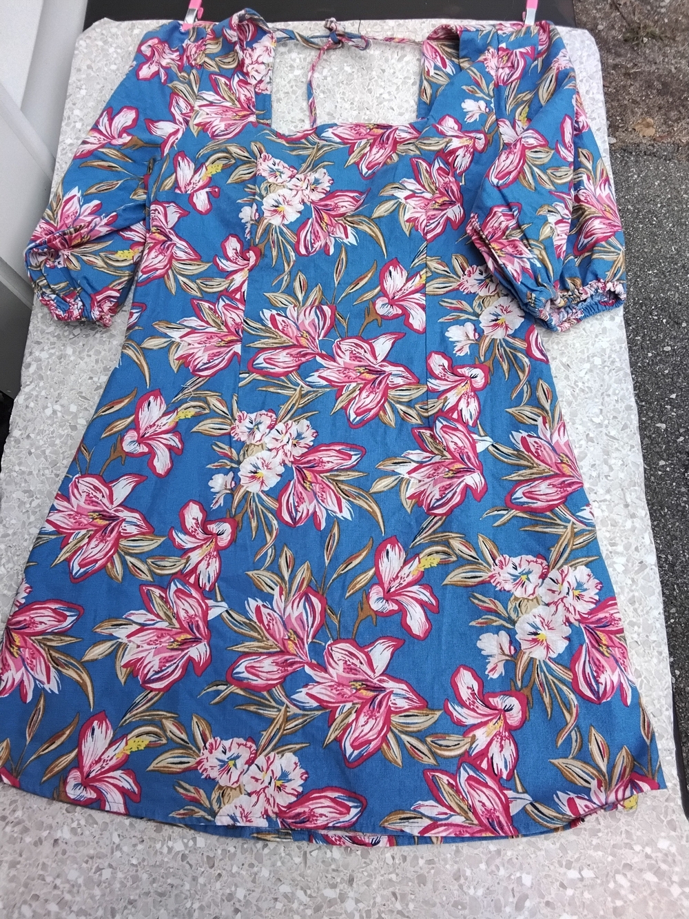 Girls' Blue Floral Puff-Sleeve Dress